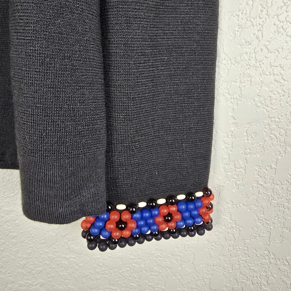 Worth New York 100% Wool Beaded Sweater Large Black Blue Red Floral Neck Cuff L - Picture 4 of 9